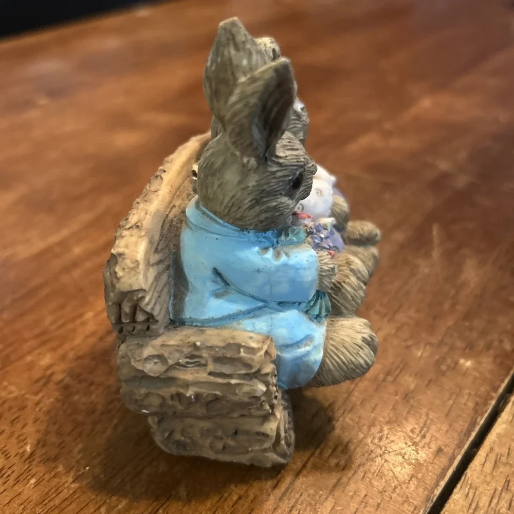 Bunny Couple Figurine vtg anthropomorphic bunnies Hugging couch Bench Flowers